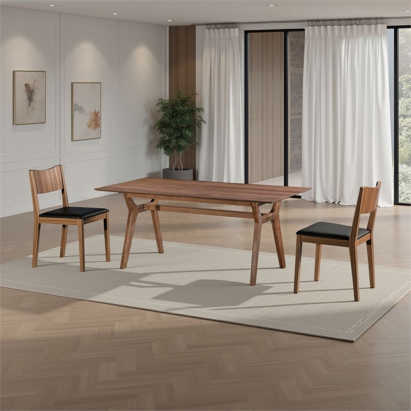 Benjara Thoi Dining Table- 71 Inch- Retro Angled Legs- Brown Solid Rubberwood