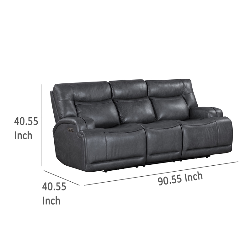 Benjara Tito Power Reclining Sofa- Gray- 91 Inch- Drop Down Tray- USB Port