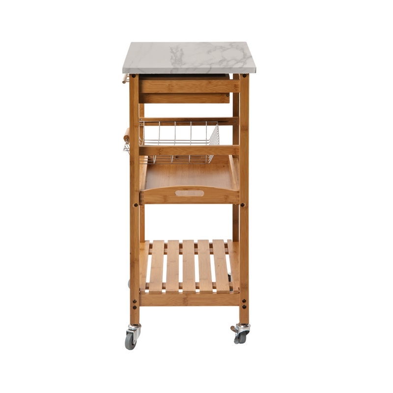Benjara Jude Rolling Kitchen Bar Cart- 2 Shelves- Faux Marble- Brown Bamboo