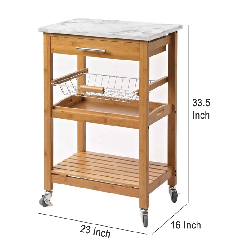 Benjara Jude Rolling Kitchen Bar Cart- 2 Shelves- Faux Marble- Brown Bamboo