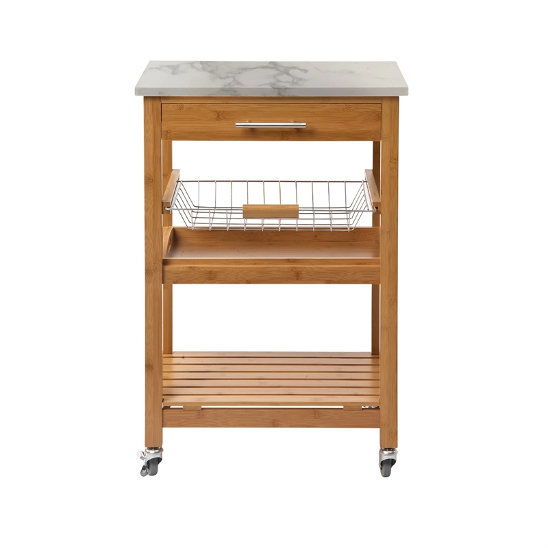 Benjara Jude Rolling Kitchen Bar Cart- 2 Shelves- Faux Marble- Brown Bamboo