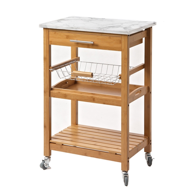 Benjara Jude Rolling Kitchen Bar Cart- 2 Shelves- Faux Marble- Brown Bamboo