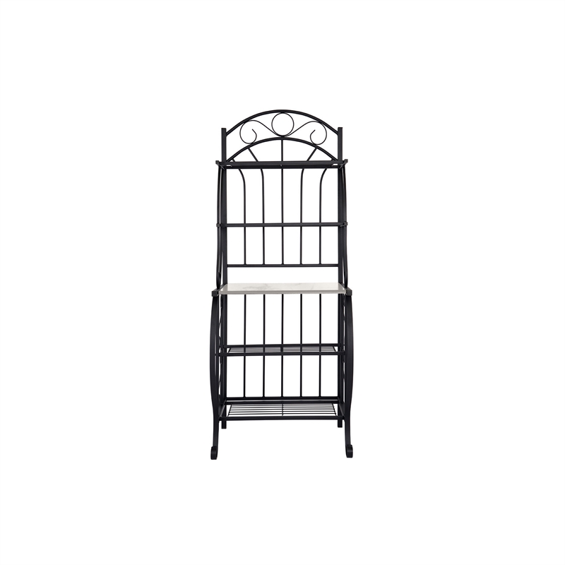 Benjara Cia 5 Tier Bakers Rack- Faux Marble Shelf- Black Metal Scrollwork
