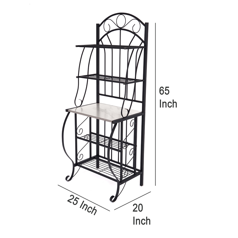 Benjara Cia 5 Tier Bakers Rack- Faux Marble Shelf- Black Metal Scrollwork