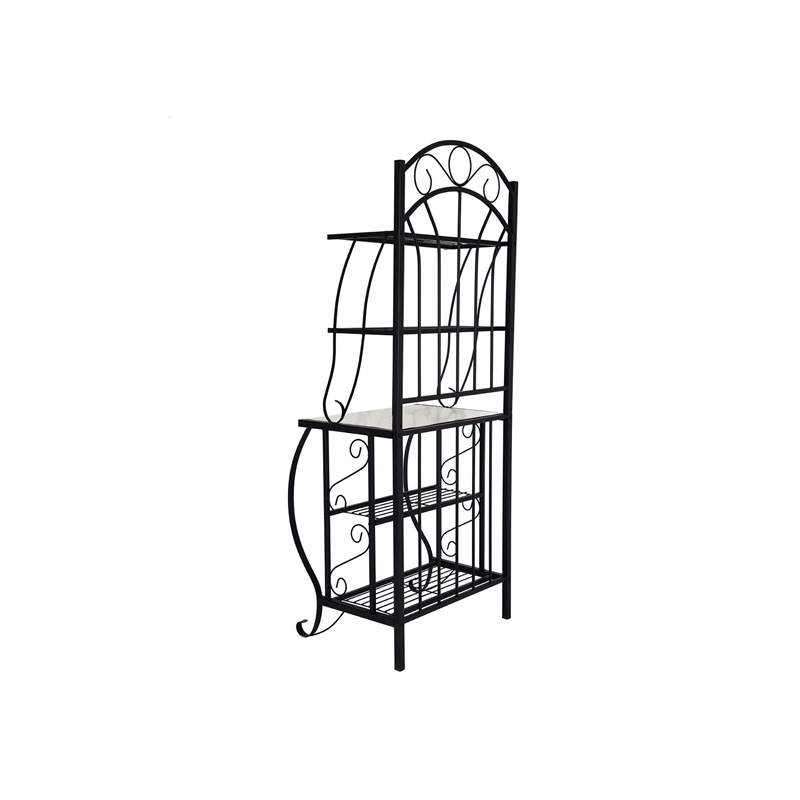 Benjara Cia 5 Tier Bakers Rack- Faux Marble Shelf- Black Metal Scrollwork