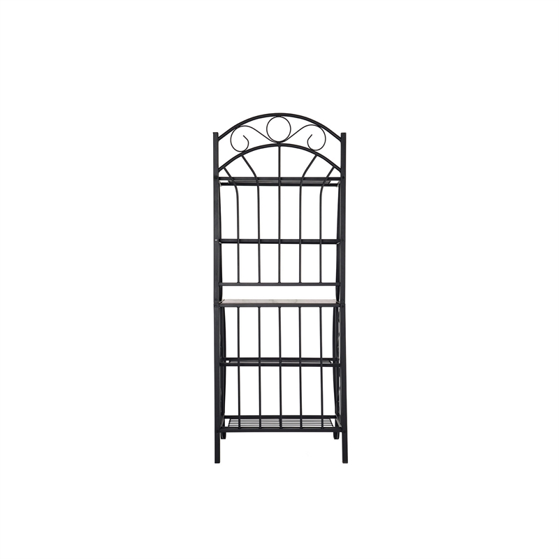 Benjara Cia 5 Tier Bakers Rack- Faux Marble Shelf- Black Metal Scrollwork