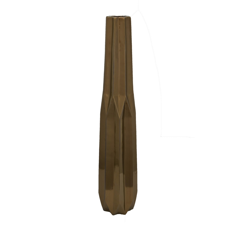 Benjara Tasha Vase with Geometric Design- Slim Profile Bronze Ceramic 32 Inch