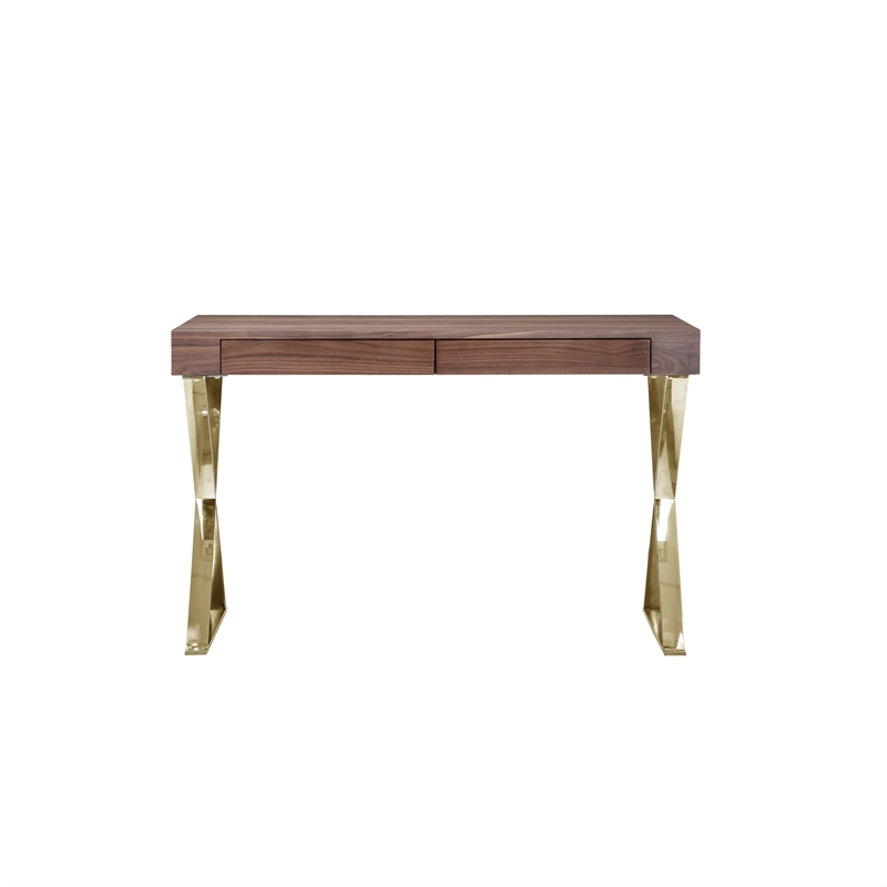Benjara Ada Office Desk- 2 Drawers- Walnut Brown- Gold X Steel Legs- 47 Inch