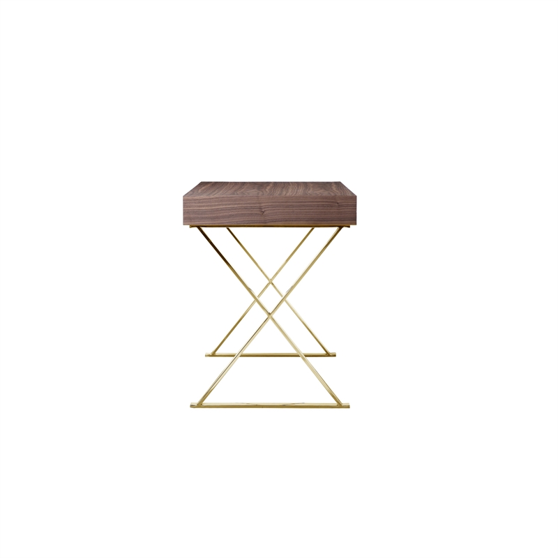 Benjara Ada Office Desk- 2 Drawers- Walnut Brown- Gold X Steel Legs- 47 Inch