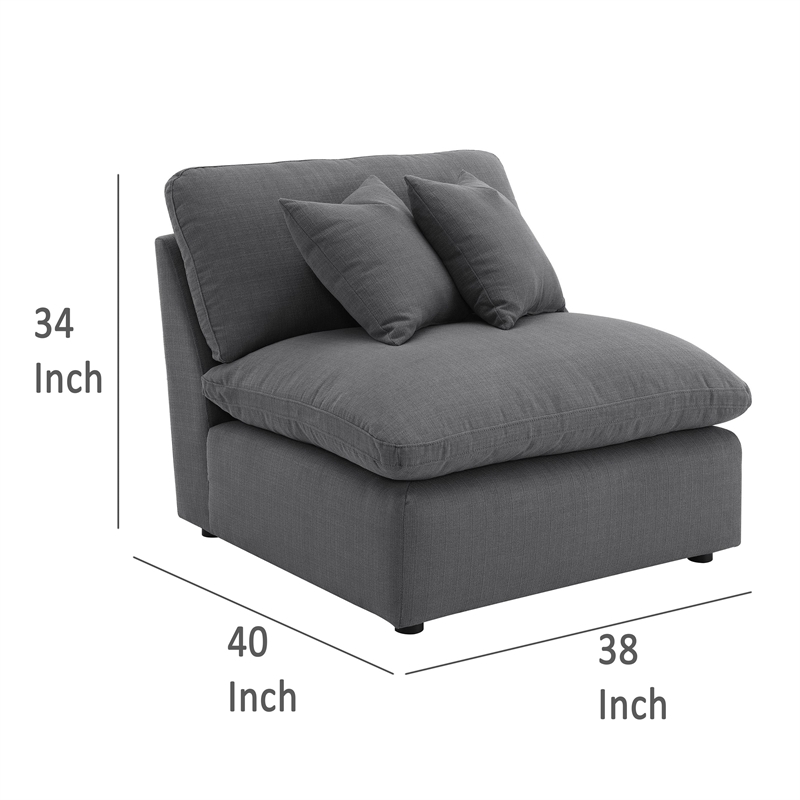 Benjara Hobo Modular Armless Chair- Charcoal Gray Fabric- 2 Pillows- 38 Inch