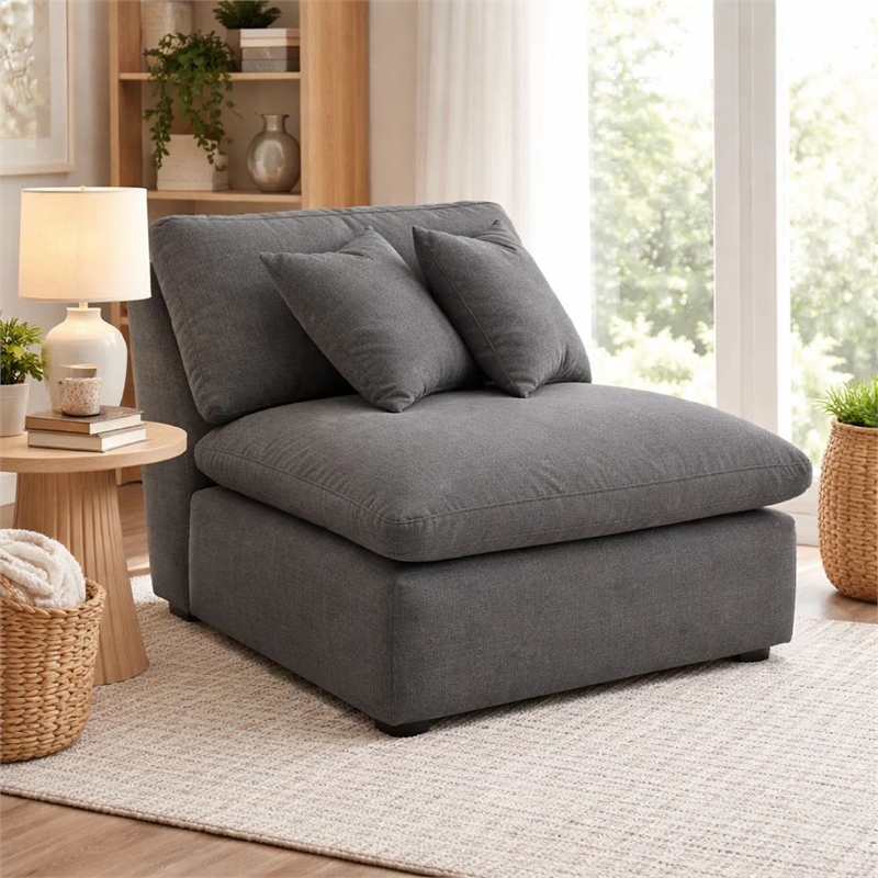 Benjara Hobo Modular Armless Chair- Charcoal Gray Fabric- 2 Pillows- 38 Inch