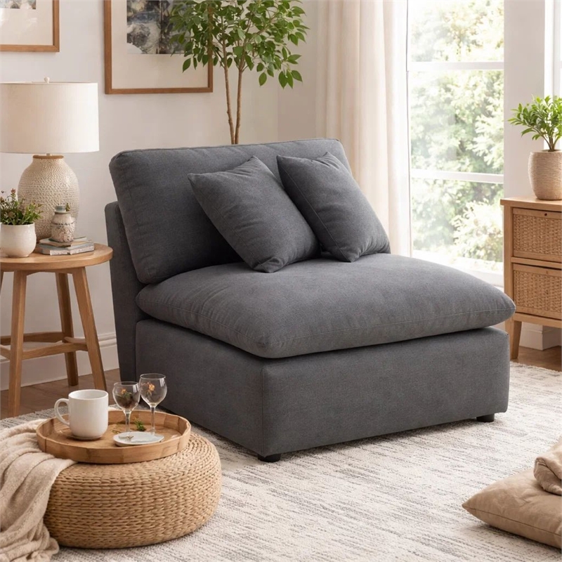 Benjara Hobo Modular Armless Chair- Charcoal Gray Fabric- 2 Pillows- 38 Inch