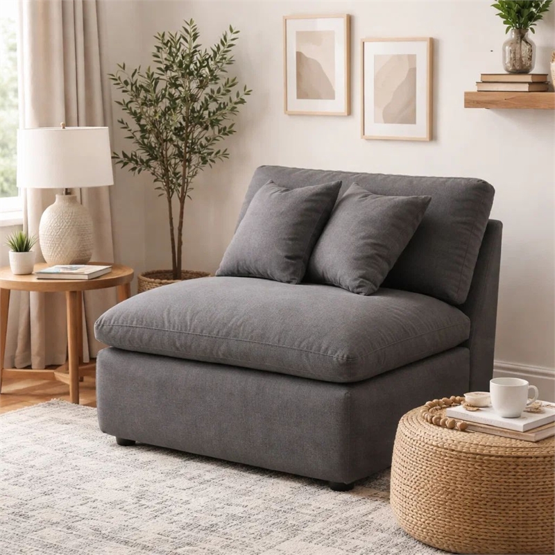 Benjara Hobo Modular Armless Chair- Charcoal Gray Fabric- 2 Pillows- 38 Inch