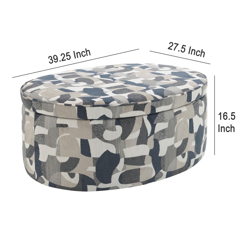 Benjara Kito Oval Accent Ottoman- 39 Inch- Hidden Storage- Patterned Fabric