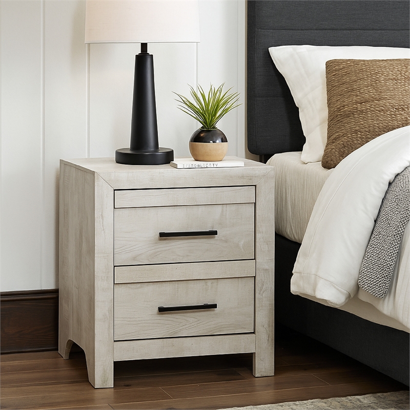 Benjara Bisca Nightstand- 2 Drawers- Black Handles- Light Gray Wood- 27 Inch