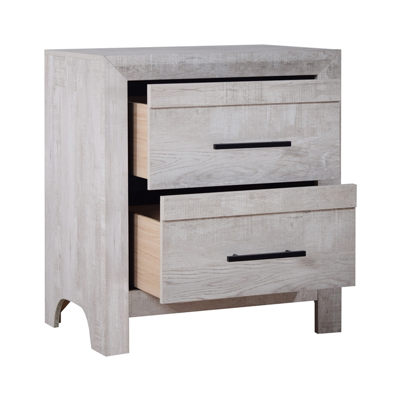 Benjara Bisca Nightstand- 2 Drawers- Black Handles- Light Gray Wood- 27 Inch