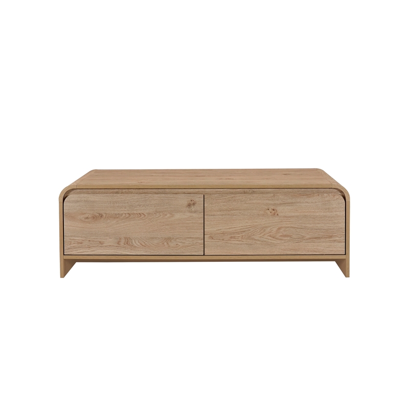 Benjara Maria Coffee Table- 2 Drawer and Waterfall Style- Beige Wood 47 Inch