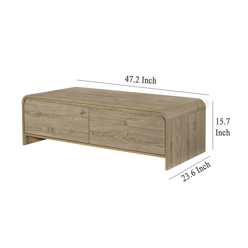 Benjara Maria Coffee Table- 2 Drawer and Waterfall Style- Beige Wood 47 Inch