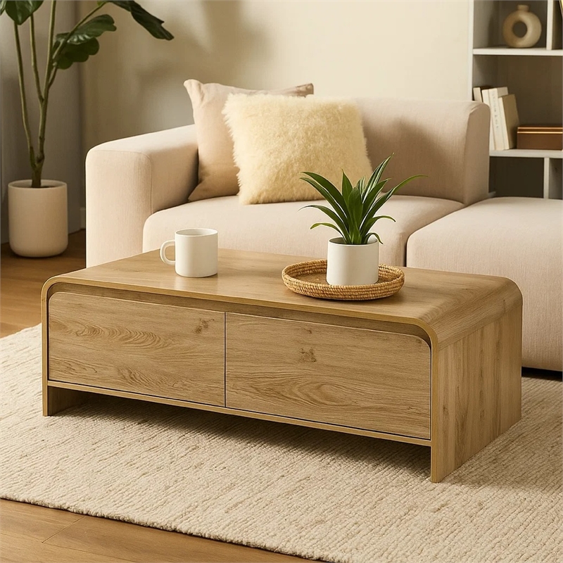 Benjara Maria Coffee Table- 2 Drawer and Waterfall Style- Beige Wood 47 Inch