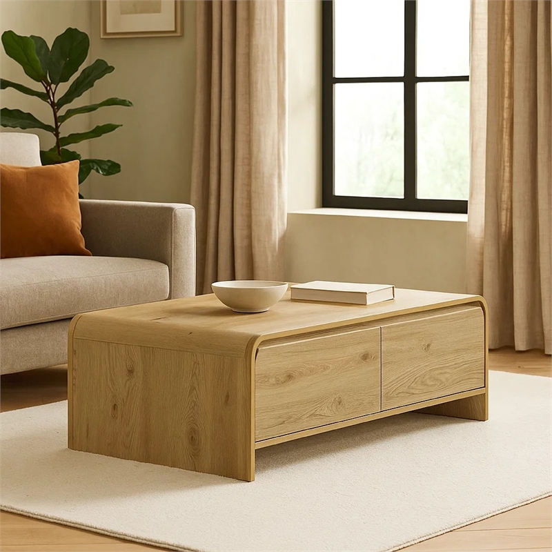 Benjara Maria Coffee Table- 2 Drawer and Waterfall Style- Beige Wood 47 Inch
