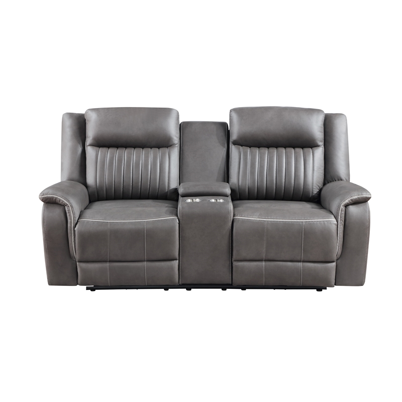 Benjara Viann Dual Manual Recliner Loveseat- Cupholder Console- Gray 76 Inch