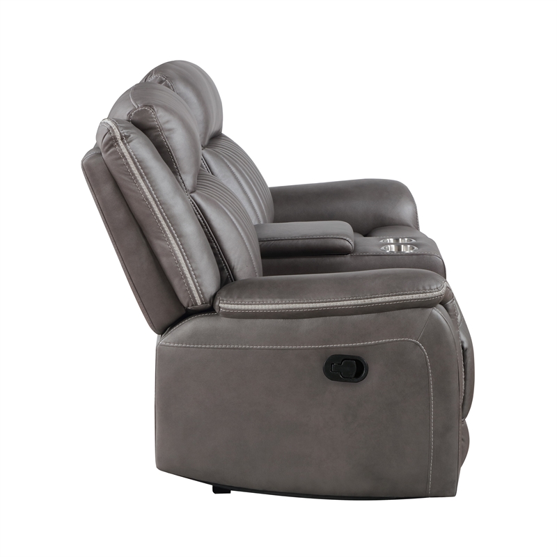 Benjara Viann Dual Manual Recliner Loveseat- Cupholder Console- Gray 76 Inch