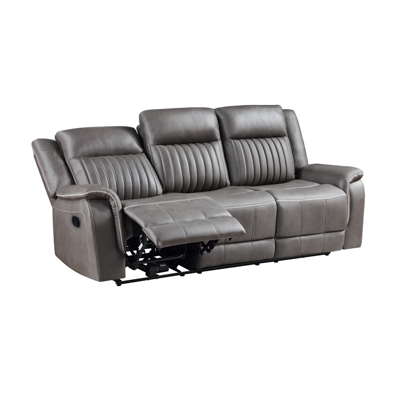 Benjara Viann Manual Reclining Sofa- Gray Polyester- Pillow Top Arms- 85 Inch