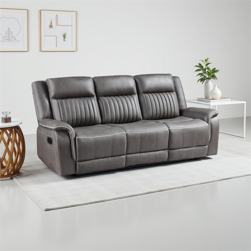 Benjara Viann Manual Reclining Sofa- Gray Polyester- Pillow Top Arms- 85 Inch