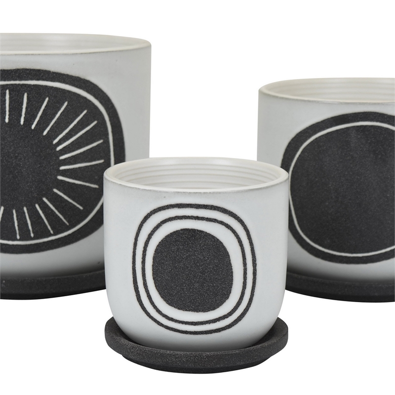 Benjara Meon 3pc Garden Planter Set- Textured White and Black Ceramic Design
