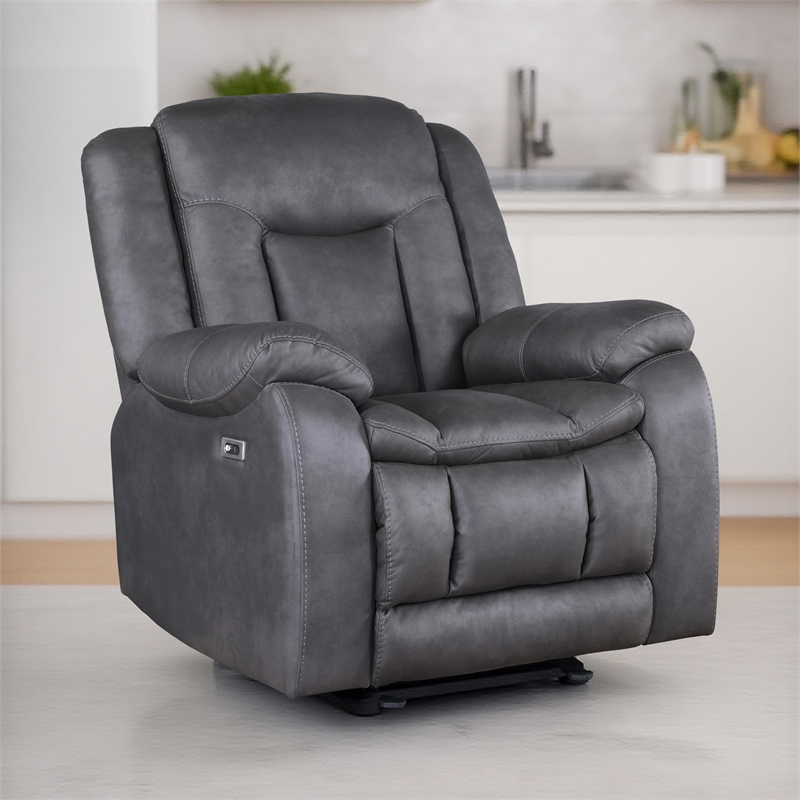 Benjara Olaf Manual Glider Recliner Chair- Plush Dark Gray Faux Leather