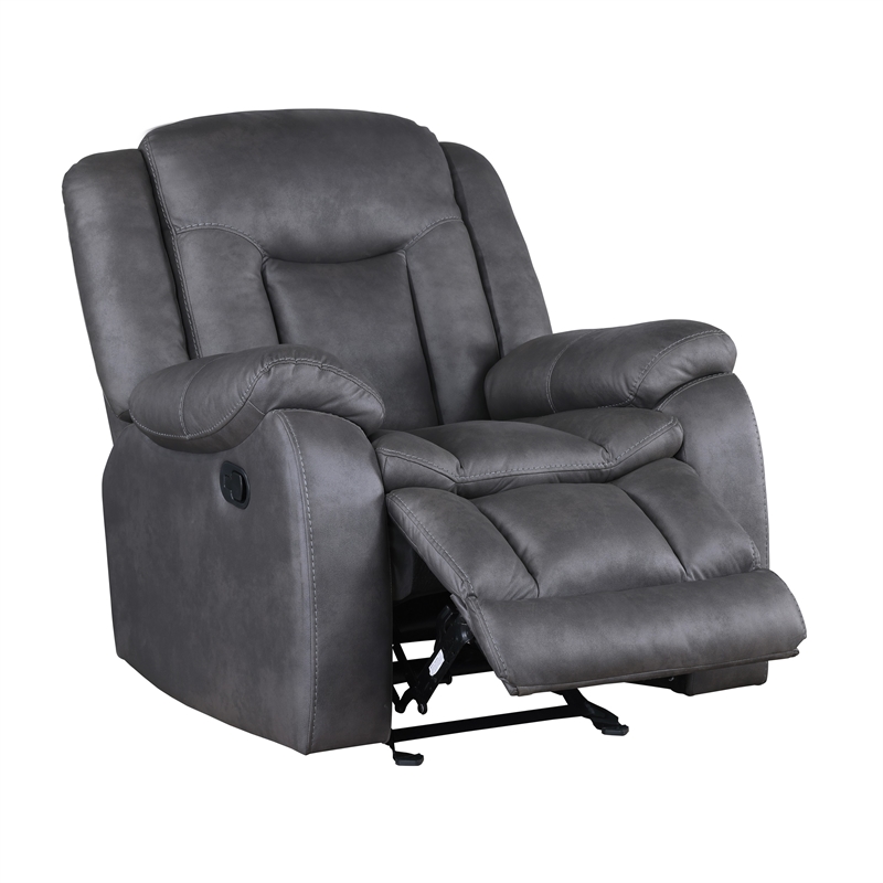 Benjara Olaf Manual Glider Recliner Chair- Plush Dark Gray Faux Leather