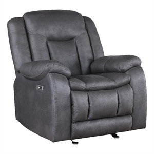 Benjara Olaf Manual Glider Recliner Chair- Plush Dark Gray Faux Leather