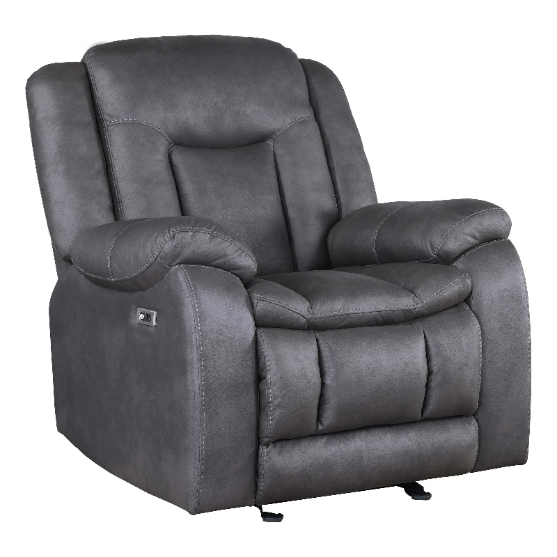 Benjara Olaf Manual Glider Recliner Chair- Plush Dark Gray Faux Leather