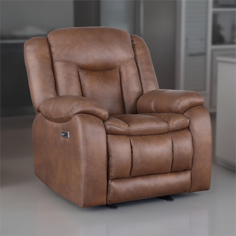 Benjara Olaf Power Recliner Chair- Chaise Footrest- Saddle Brown Faux Leather