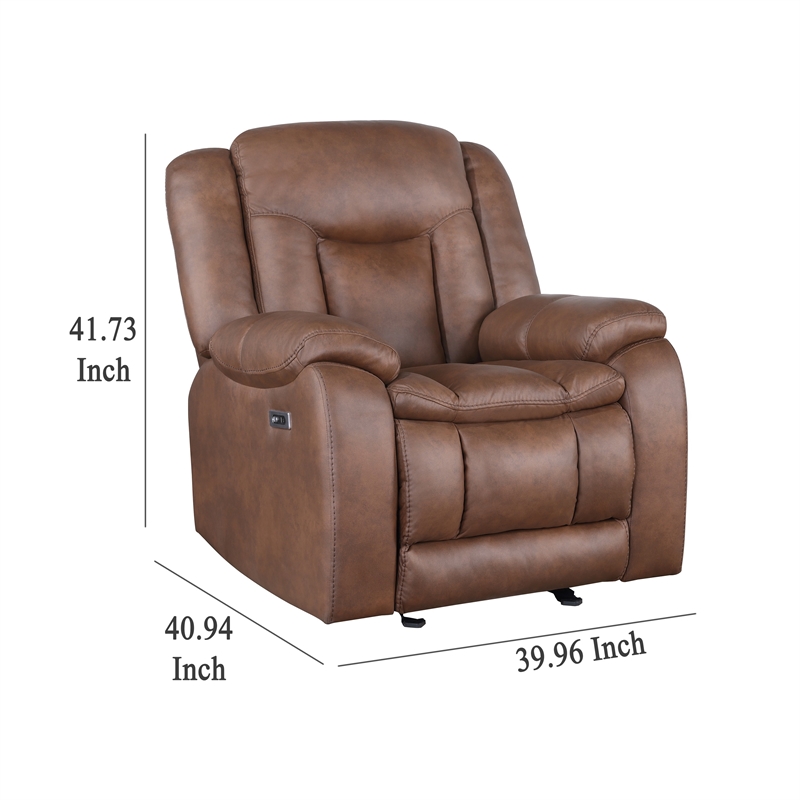 Benjara Olaf Power Recliner Chair- Chaise Footrest- Saddle Brown Faux Leather