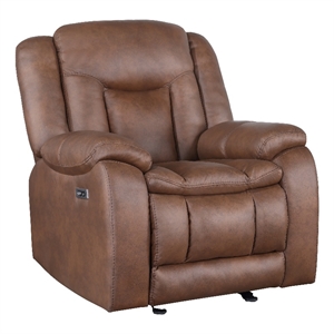 Benjara Olaf Power Recliner Chair- Chaise Footrest- Saddle Brown Faux Leather