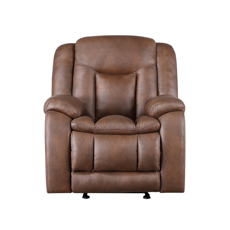 Benjara Olaf Power Recliner Chair- Chaise Footrest- Saddle Brown Faux Leather