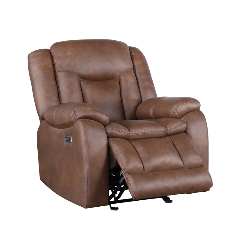 Benjara Olaf Power Recliner Chair- Chaise Footrest- Saddle Brown Faux Leather