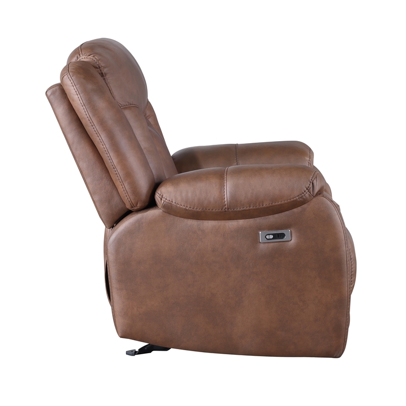 Benjara Olaf Power Recliner Chair- Chaise Footrest- Saddle Brown Faux Leather