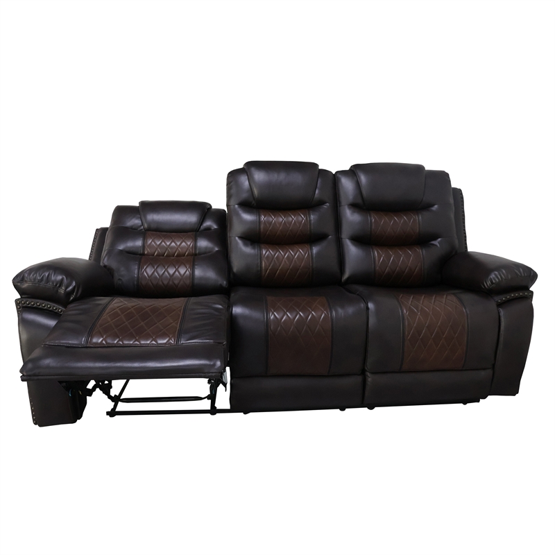 Benjara Asher Power Recliner Sofa- USB Charger- Brown Faux Leather 84 Inch