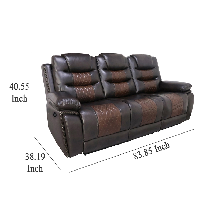 Benjara Asher Power Recliner Sofa- USB Charger- Brown Faux Leather 84 Inch