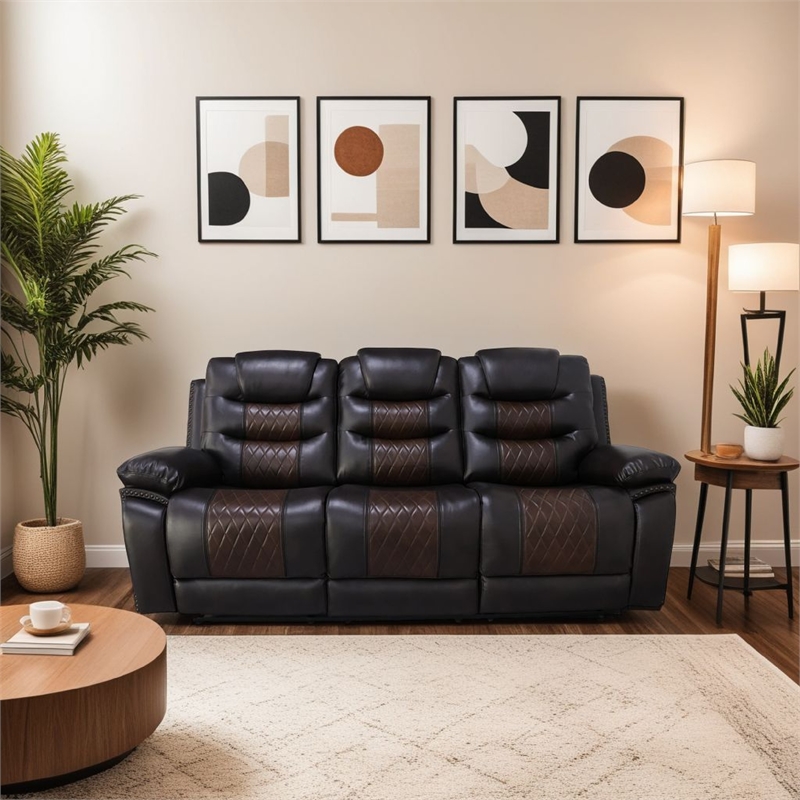 Benjara Asher Power Recliner Sofa- USB Charger- Brown Faux Leather 84 Inch
