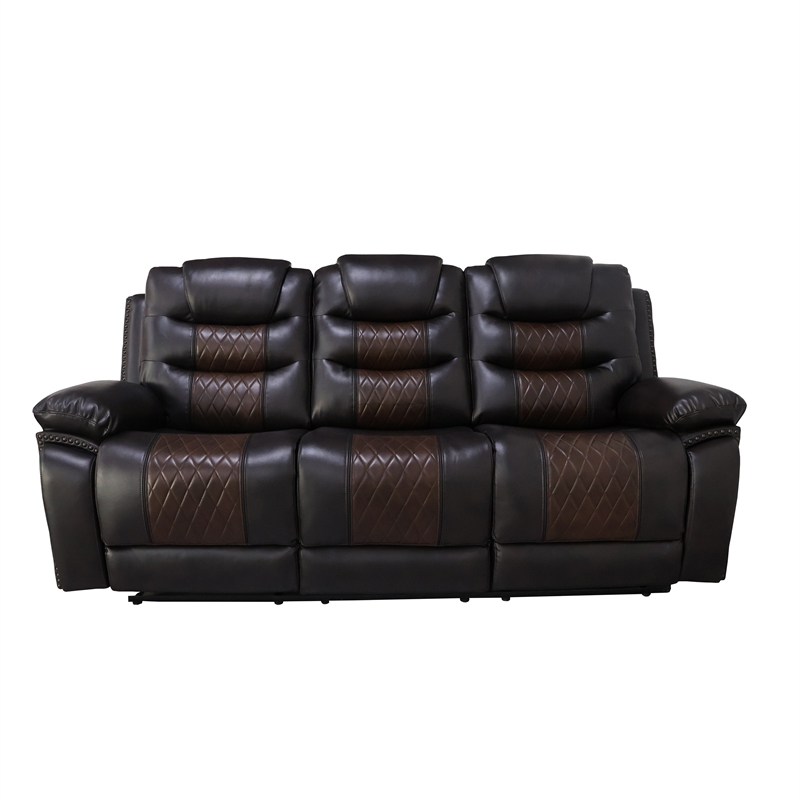 Benjara Asher Power Recliner Sofa- USB Charger- Brown Faux Leather 84 Inch