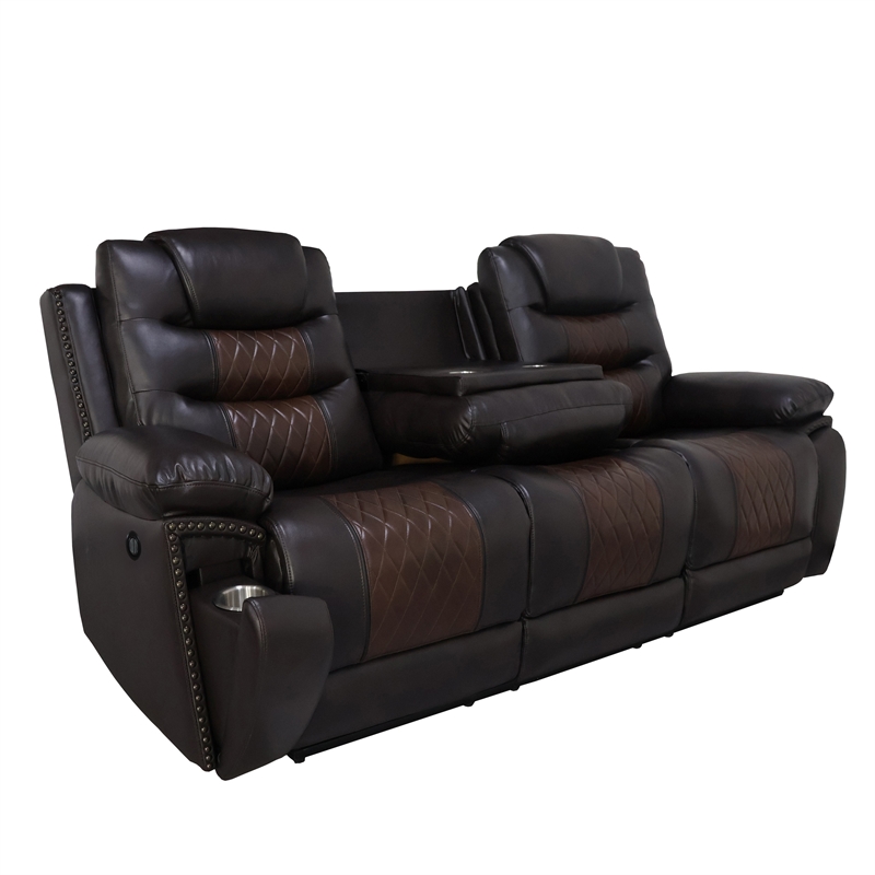 Benjara Asher Power Recliner Sofa- USB Charger- Brown Faux Leather 84 Inch