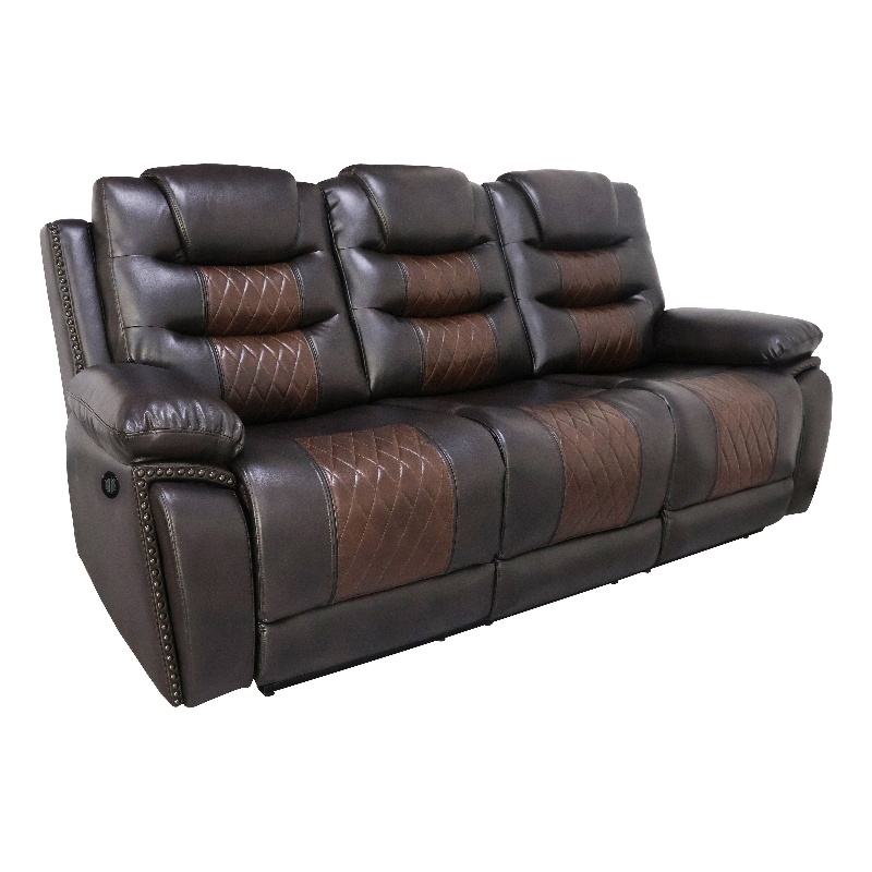 Benjara Asher Power Recliner Sofa- USB Charger- Brown Faux Leather 84 Inch