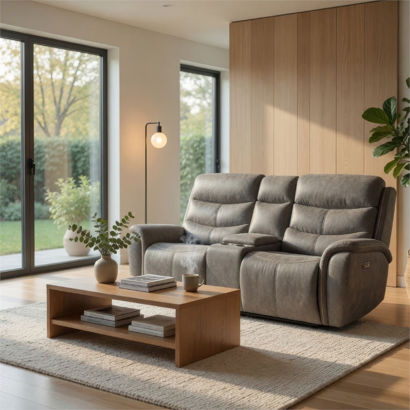 Benjara Folu Power Reclining Sofa- 76 Inch- Gray Fabric Upholstery- USB Ports