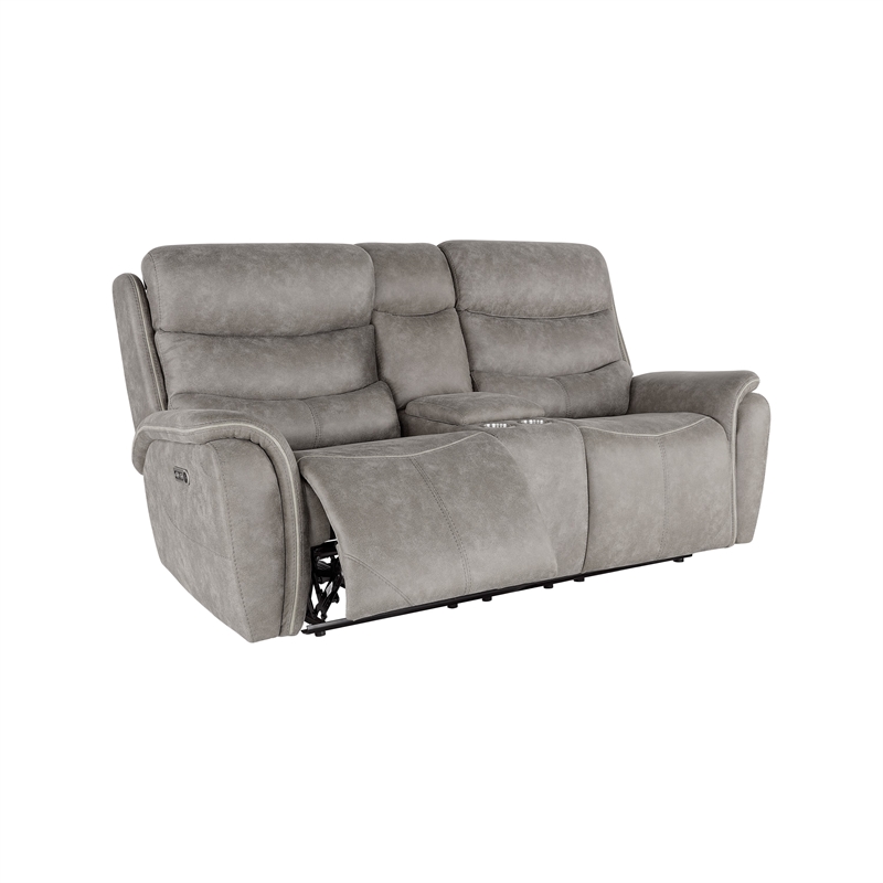 Benjara Folu Power Reclining Sofa- 76 Inch- Gray Fabric Upholstery- USB Ports