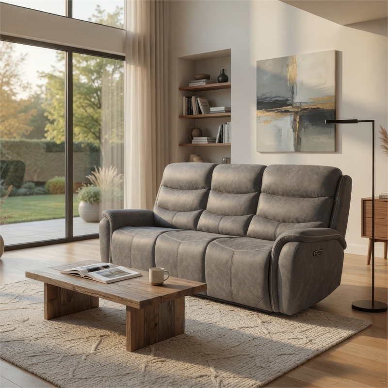 Benjara Folu Power Reclining Sofa- 86 Inch- Gray Fabric Upholstery- USB Ports