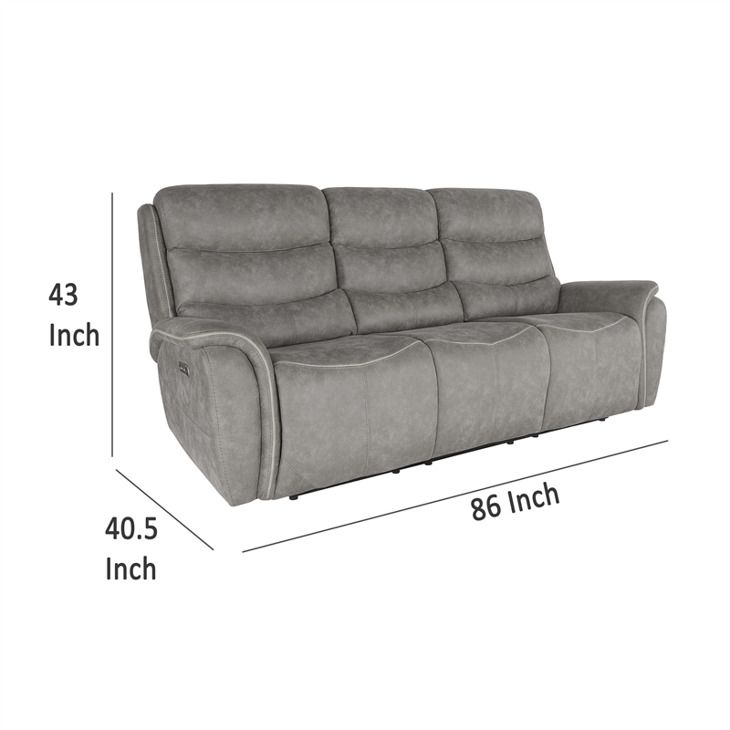 Benjara Folu Power Reclining Sofa- 86 Inch- Gray Fabric Upholstery- USB Ports