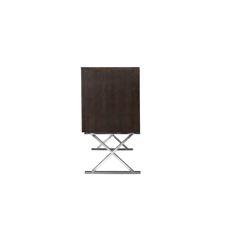 Benjara Rix Sideboard Buffet Console- 2 Door- X Chrome Legs- Brown 69 Inch